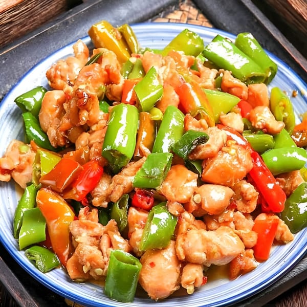 Bo Loong's stir-fried chicken with green and red bell peppers on a blue-rimmed plate.